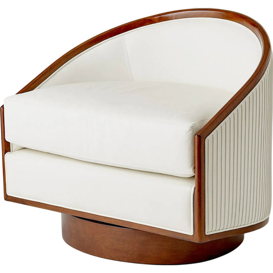 Swivel Chair by Global Views in white leather. Made from rubberwood in a transitional style.