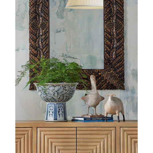 Ming Offering Pedestal Bowl by Currey and Company in blue, off-white. Made from porcelain in a traditional style.