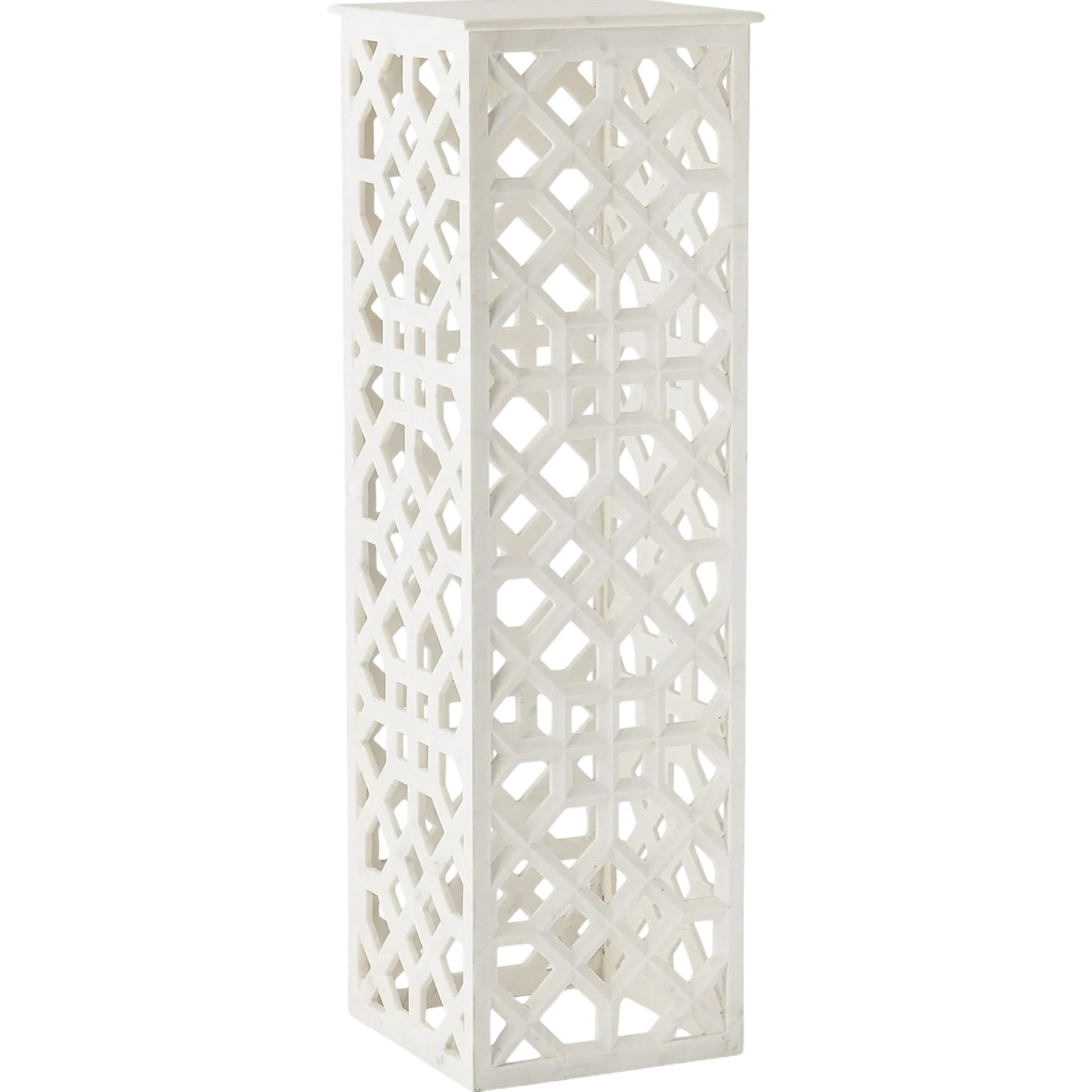 Fret Pedestal by Global Views. Made from hand carved honed white marble in a transitional style.