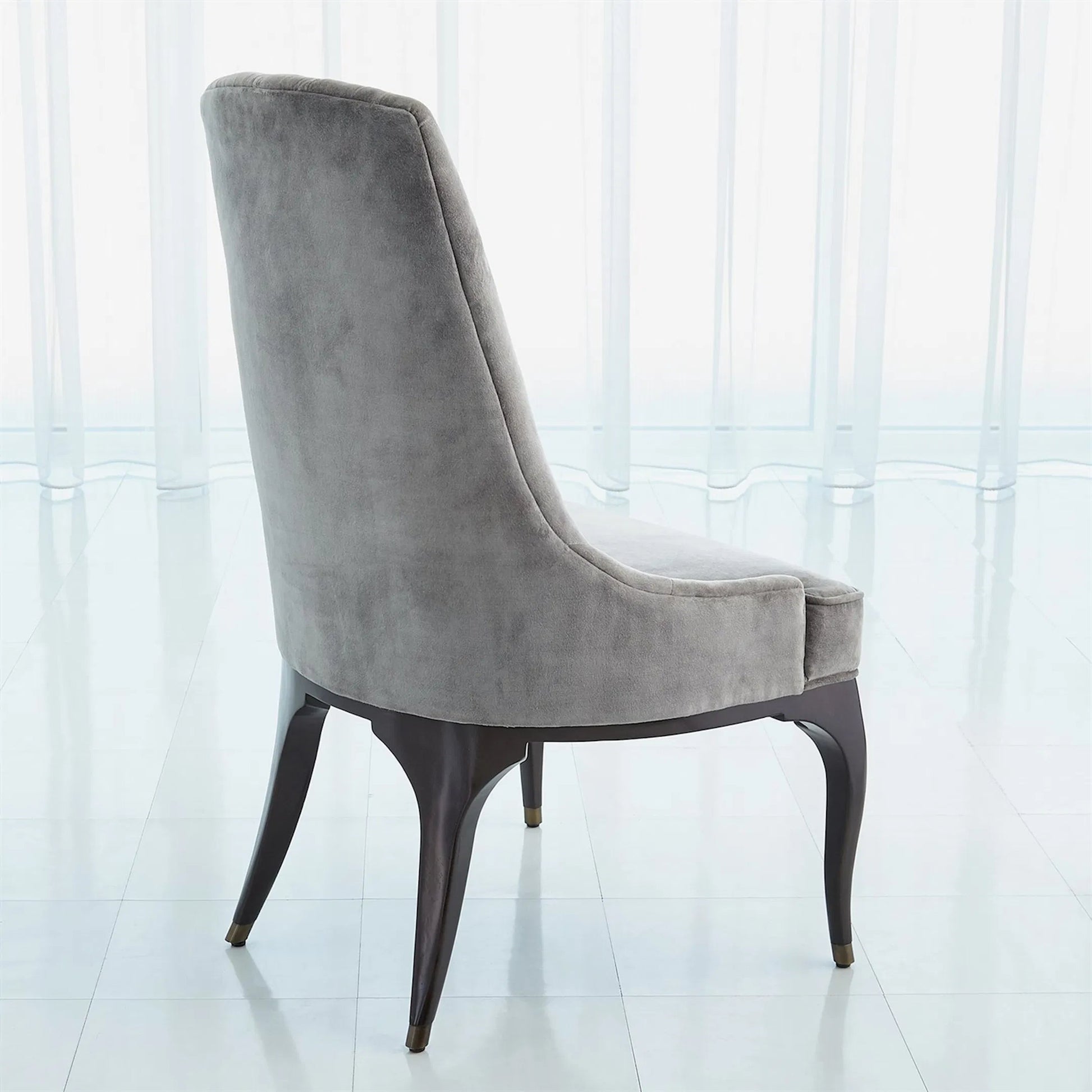 Channel Grey Tufted Dining Chair by Global Views in walnut, muslin and dark waxed oiled walnut. Made from unique in a traditional style.