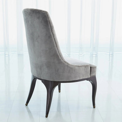 Channel Grey Tufted Dining Chair by Global Views in walnut, muslin and dark waxed oiled walnut. Made from unique in a traditional style.