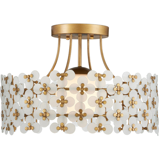 Spring Flower Semi-Flush Mount by Currey and Company in frosted, glossy white, brass. Made from glass, wrought iron in a modern style.