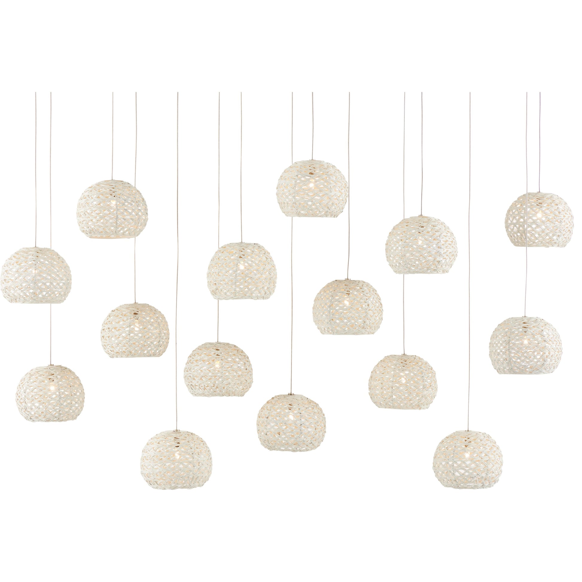 Piero Rectangular 15-LIGHT Multi-Drop Pendant by Currey and Company in white, painted silver. Made from metal in a coastal style.