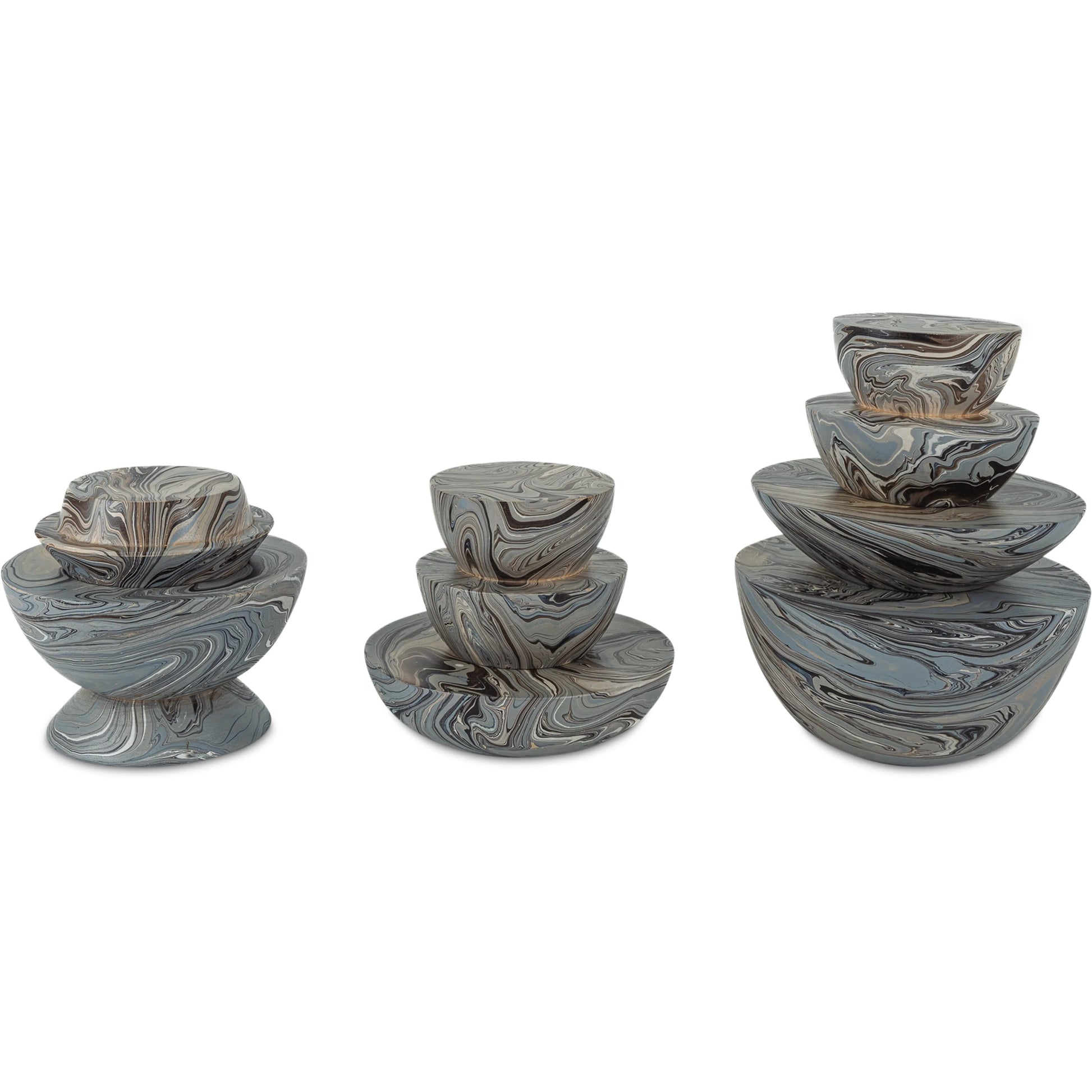 Stacking Box Set by Currey and Company in marbleized gray. Made from wood in a unique style.
