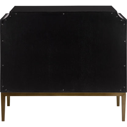 Kallista Chest by Currey and Company in dark sapphire, caviar black, antique brass. Made from sycamore veneer, mahogany, engineered hardwood, brass, iron in a traditional style.