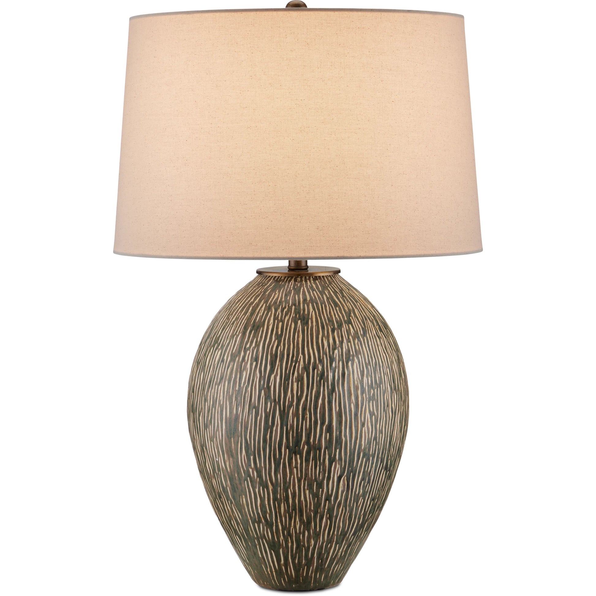 Hildreth Table Lamp by Currey and Company in olive green, beige, off-white, antique brass. Made from porcelain, metal in a modern style.