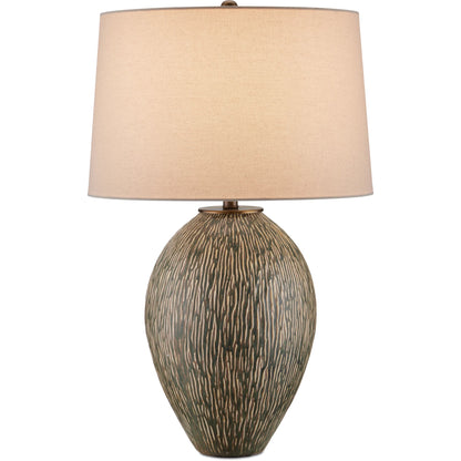 Hildreth Table Lamp by Currey and Company in olive green, beige, off-white, antique brass. Made from porcelain, metal in a modern style.