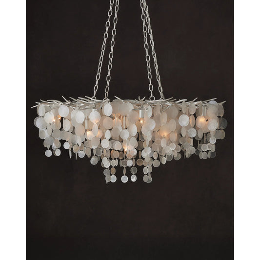 Lusso Chandelier by Currey and Company in natural, pearlized white. Made from capiz shell, wrought iron in a unique style.