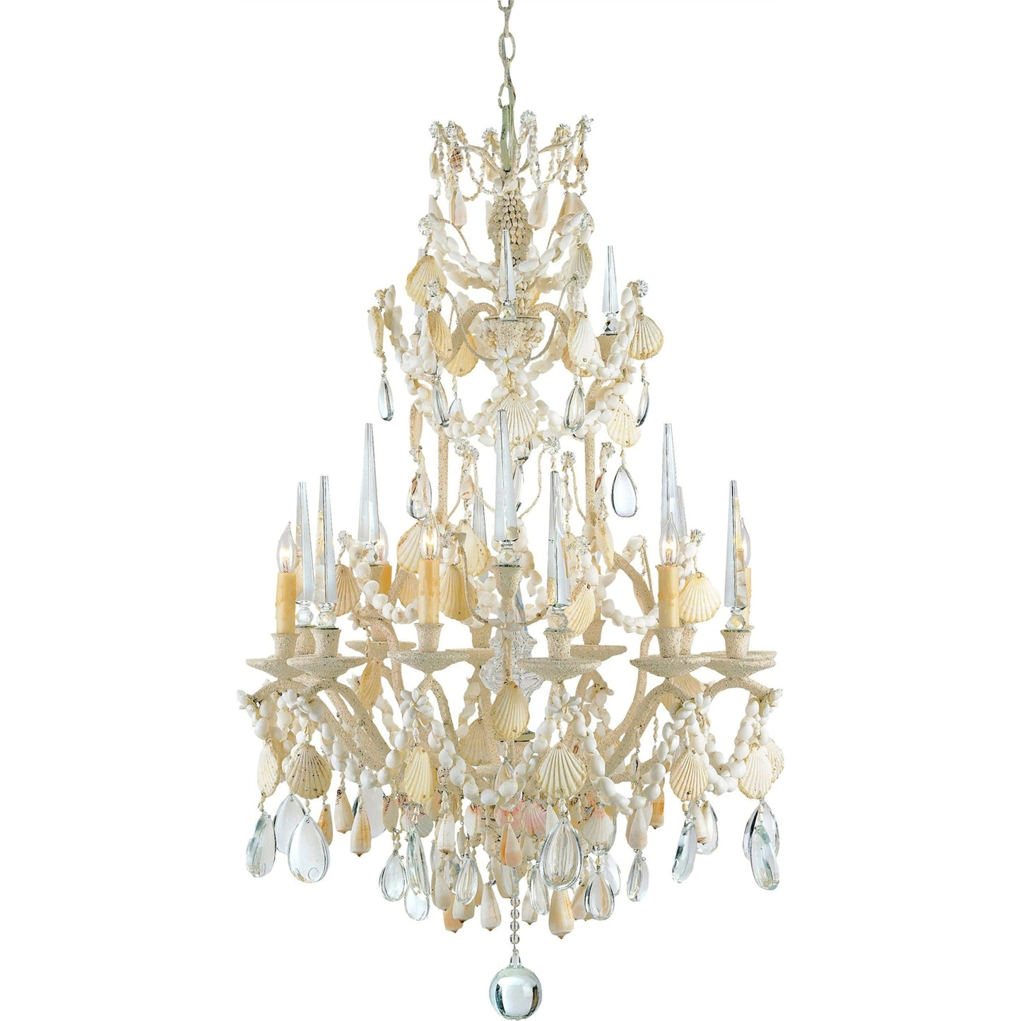 001 S-223748 | Primary Silo | Buttermere Chandelier by Currey and Company. Made from wrought iron, shell, crystal in a traditional style.