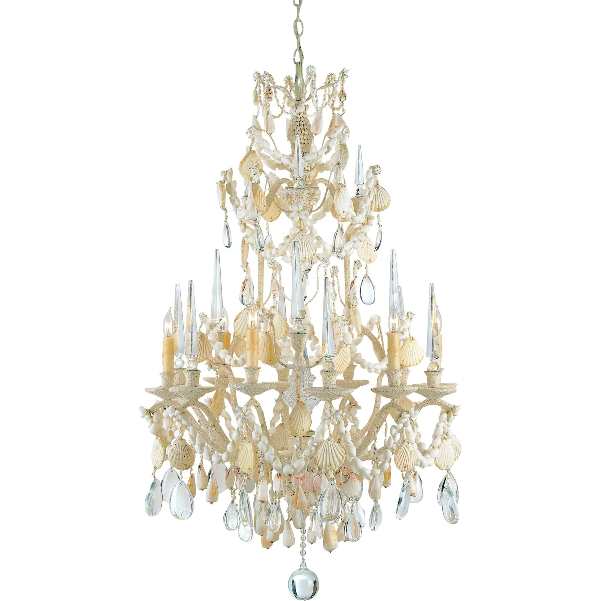 Buttermere Chandelier by Currey and Company. Made from wrought iron, shell, crystal in a traditional style.