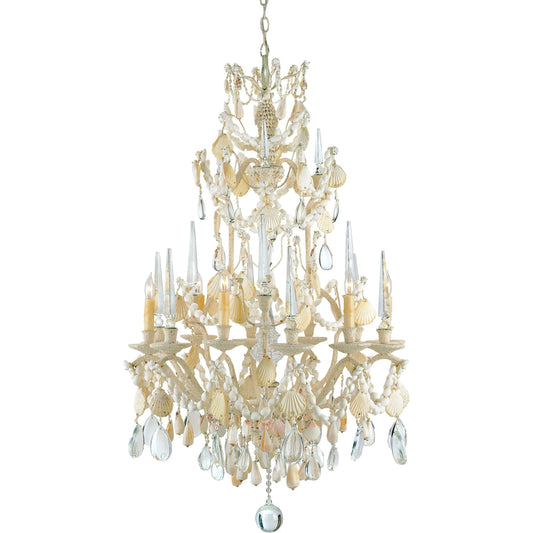 001 S-223748 | Primary Silo | Buttermere Chandelier by Currey and Company. Made from wrought iron, shell, crystal in a traditional style.