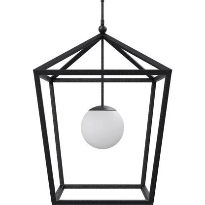 Denison Outdoor Lantern by Currey and Company in black, frosted white. Made from wrought iron, glass in a modern style.