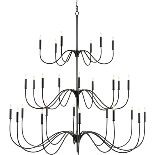 Tirrell Chandelier by Currey and Company in antique black. Made from wrought iron in a modern style.