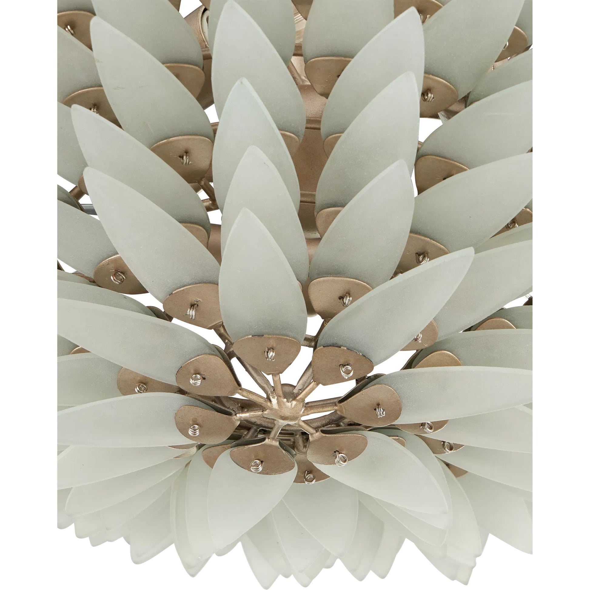 Dahlia Semi-Flush Mount by Currey and Company in frosted, contemporary silver. Made from recycled glass, wrought iron in a modern style.