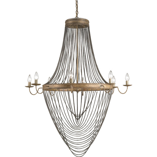 Lucien Chandelier by Currey and Company in french gold leaf. Made from wrought iron in a cottage & farmhouse style.