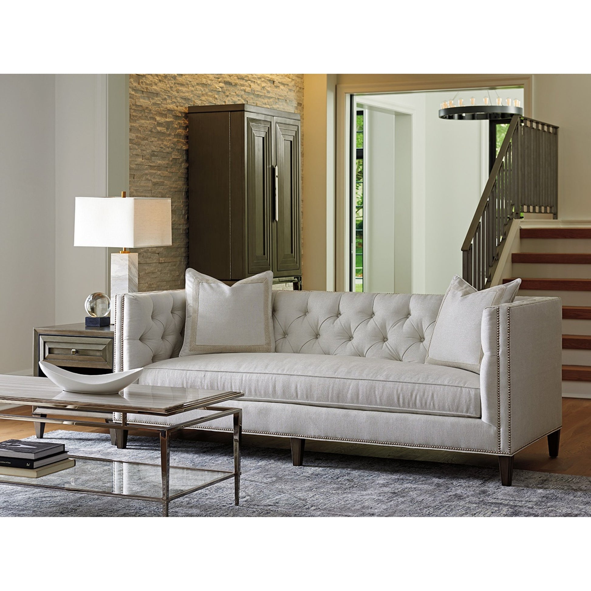Monaco Sofa by Lexington in misty gray. Made from unique in a cottage & farmhouse style.
