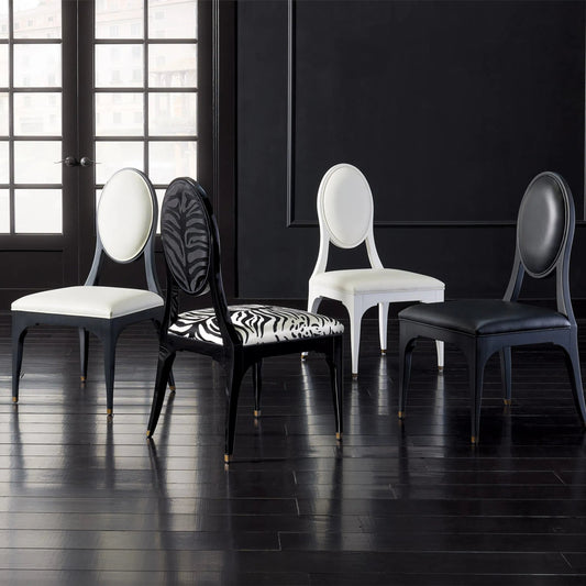 Zebra Dining Chair by Global Views in brass. Made from rubberwood, wood, fabric, computer embroidery work on cotton duck fabric in a eclectic & global style.