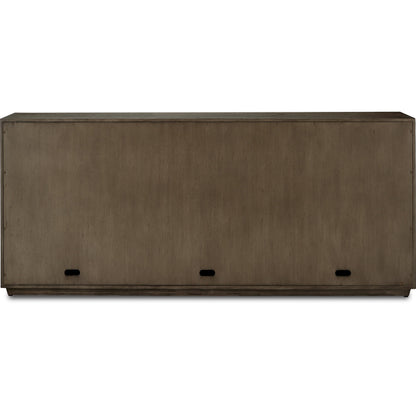 Kendall Credenza by Currey and Company in dove gray, polished brass. Made from oak solids, veneers, brass in a transitional style.