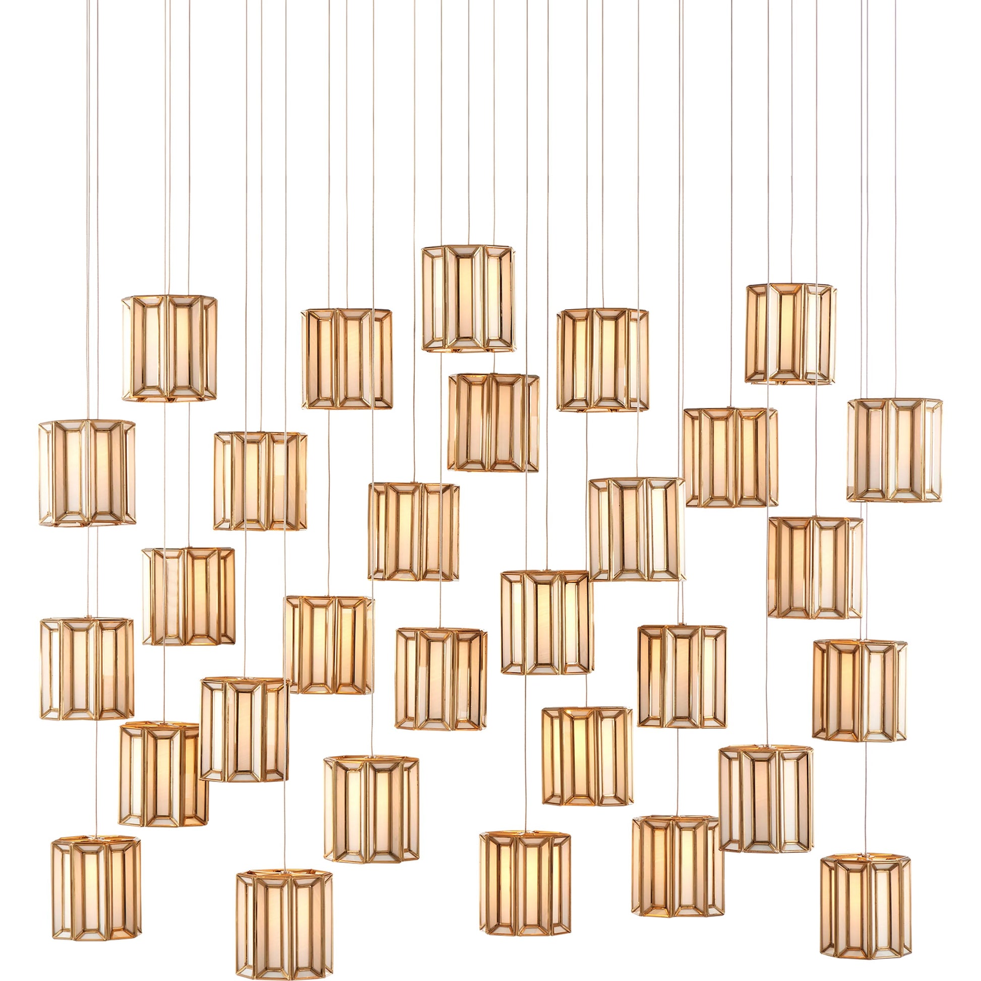 Daze 30-LIGHT Multi-Drop Pendant by Currey and Company in antique brass, white, painted silver. Made from frosted glass in a modern style.