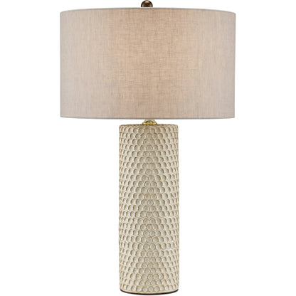 Polka Dot Table Lamp by Currey and Company in reactive blue, polished brass. Made from ceramic in a modern style.