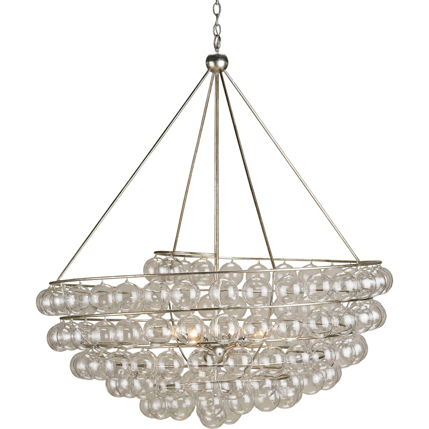 002 S-223689 | Primary Silo | Stratosphere Chandelier by Currey and Company in contemporary silver leaf. Made from wrought iron, glass in a modern style.