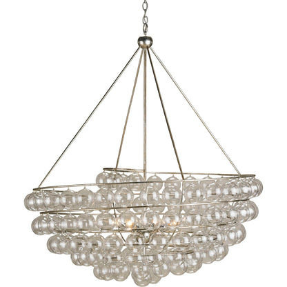 Stratosphere Chandelier by Currey and Company in contemporary silver leaf. Made from wrought iron, glass in a modern style.