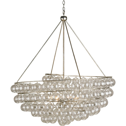 Stratosphere Chandelier by Currey and Company in contemporary silver leaf. Made from wrought iron, glass in a modern style.