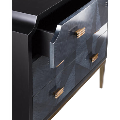 Kallista Chest by Currey and Company in dark sapphire, caviar black, antique brass. Made from sycamore veneer, mahogany, engineered hardwood, brass, iron in a traditional style.