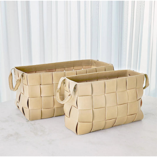Soft Woven Leather Basket by Global Views. Made from lining material split suede leather, top grain marble leather in a traditional style.