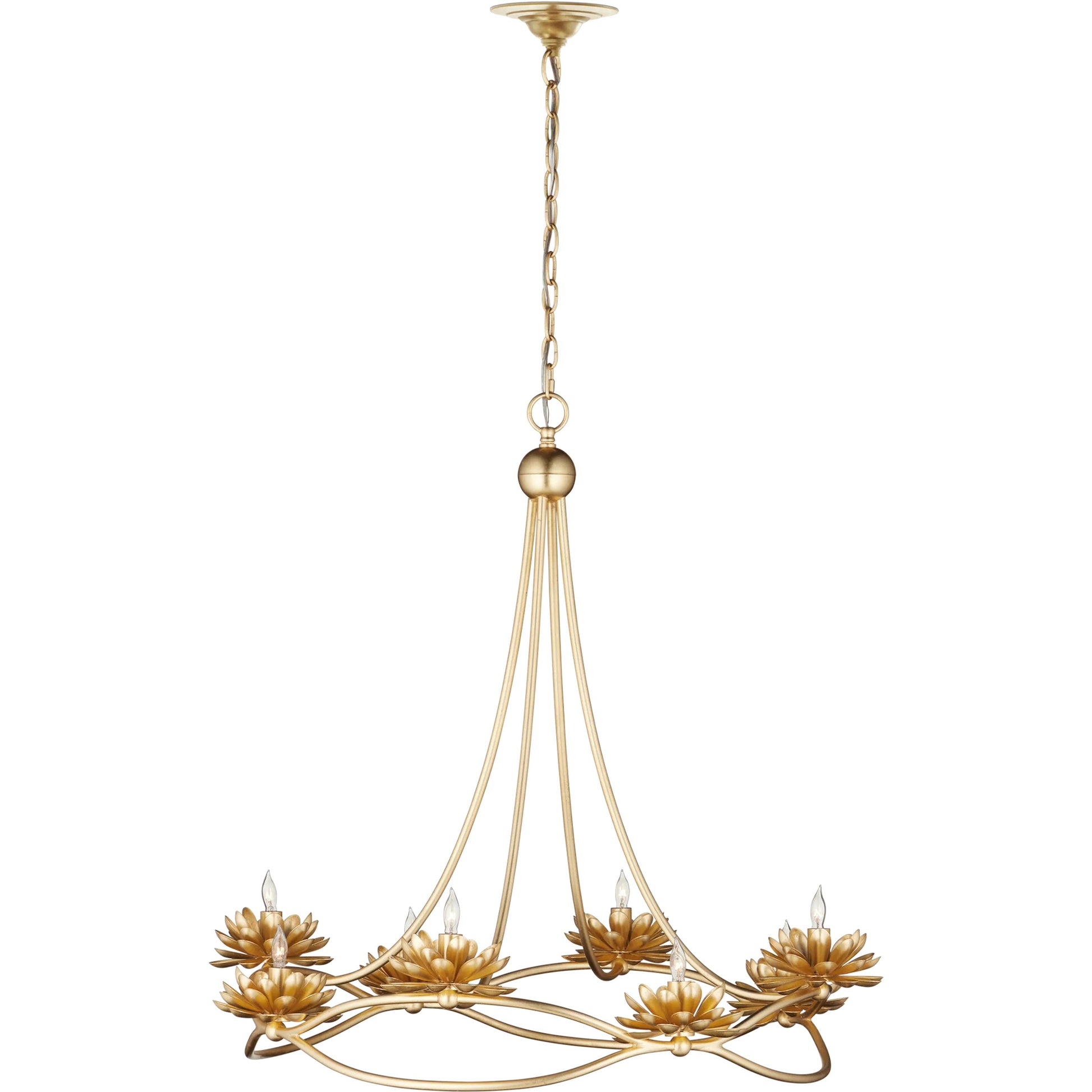 Cyrene Chandelier by Currey and Company in gold leaf. Made from wrought iron in a modern style.