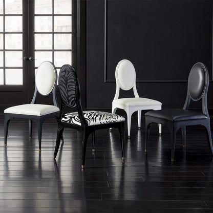 Zebra Dining Chair by Global Views in brass. Made from rubberwood, wood, fabric, computer embroidery work on cotton duck fabric in a eclectic & global style.