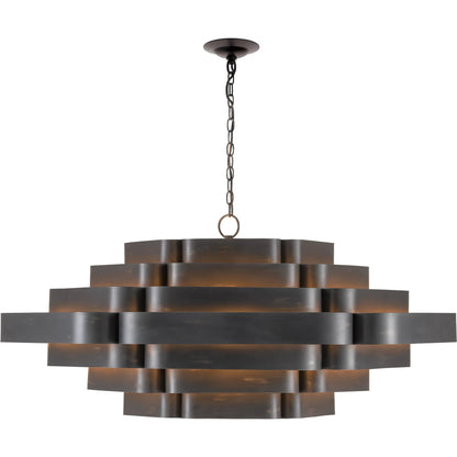 Bailey Chandelier by Currey and Company in french black, contemporary gold leaf. Made from wrought iron in a modern style.