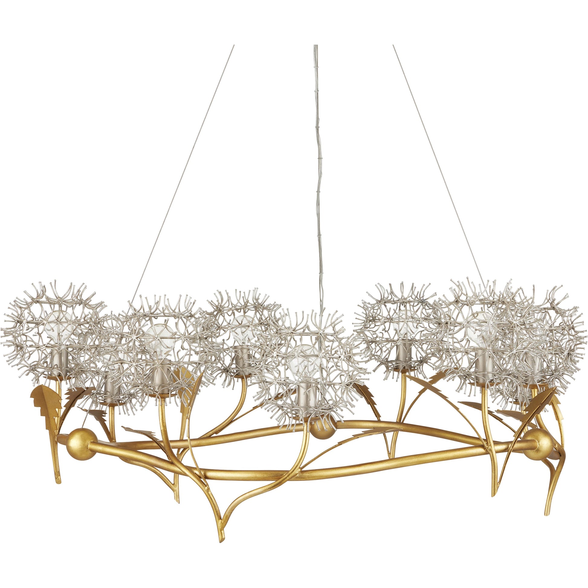 Dandelion Chandelier by Currey and Company in contemporary silver leaf, contemporary gold leaf. Made from wrought iron in a modern style.