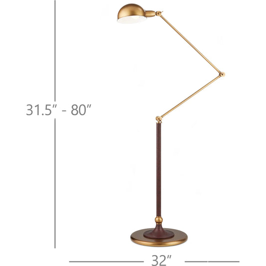 Libretto Floor Lamp by Currey and Company in antique brass, brownish red. Made from metal, faux leather in a unique style.