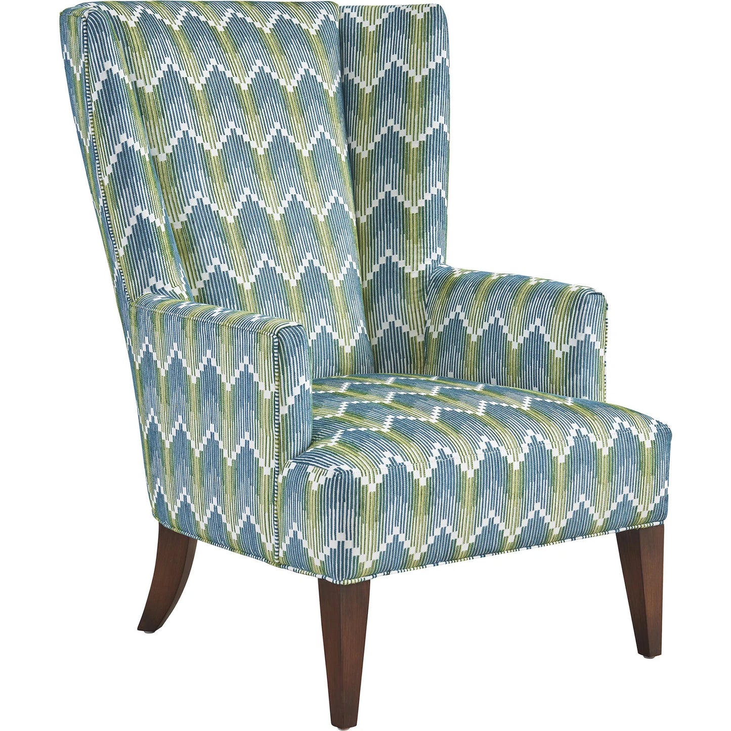 001 SI-2540569 | Primary Silo | Brockton Wing Chair by Lexington in blue, green and brown. Made from walnut, fabric in a unique style.