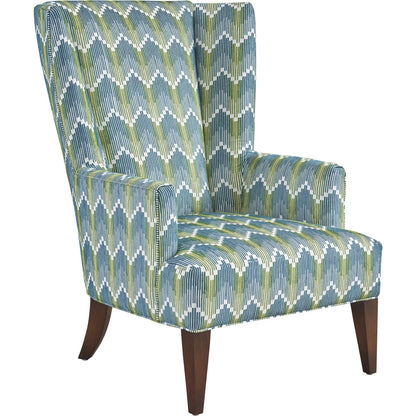 Brockton Wing Chair by Lexington in blue, green and brown. Made from walnut, fabric in a unique style.