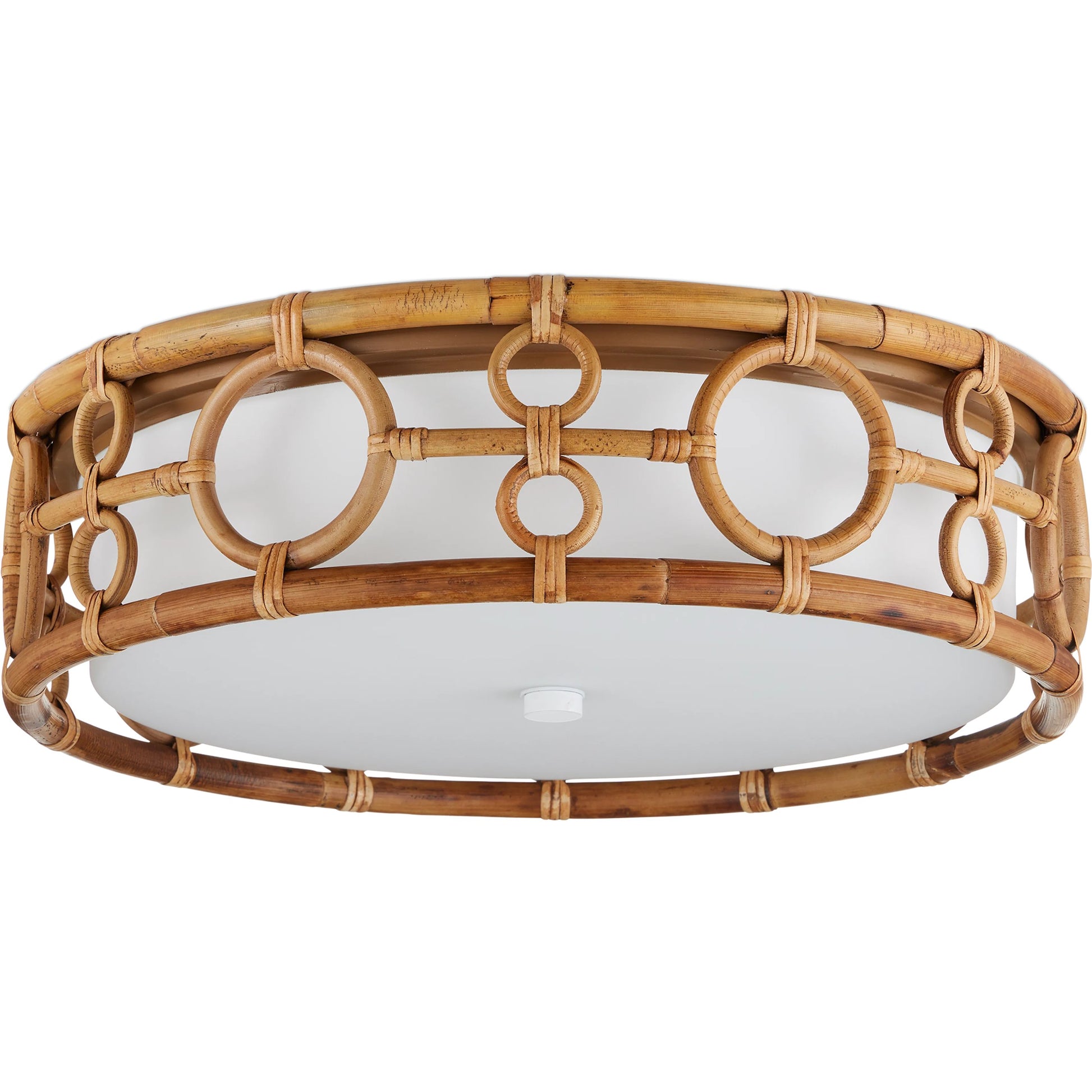 Tegal Flush Mount by Currey and Company in natural, khaki, white. Made from rattan, wrought iron, glass in a rustic style.