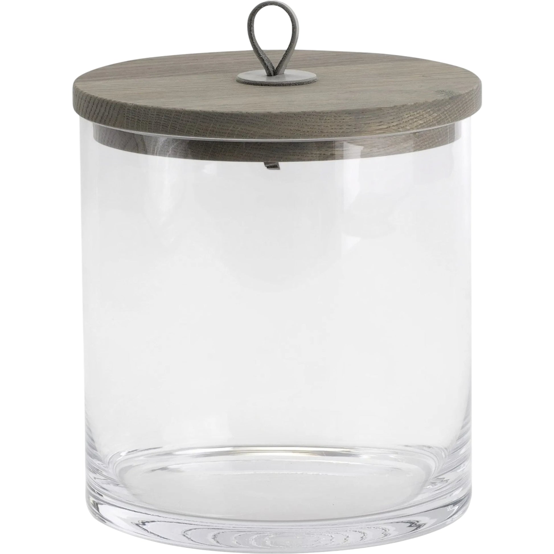 Rustic Canister by Global Views. Made from oak, glass, leather in a transitional style.