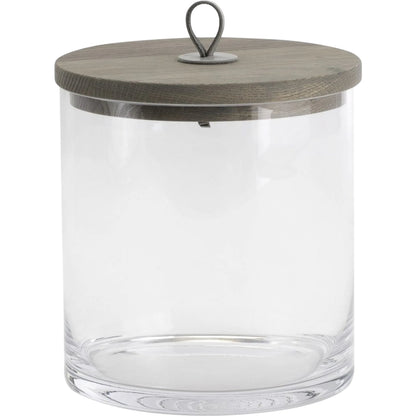 Rustic Canister by Global Views. Made from oak, glass, leather in a transitional style.