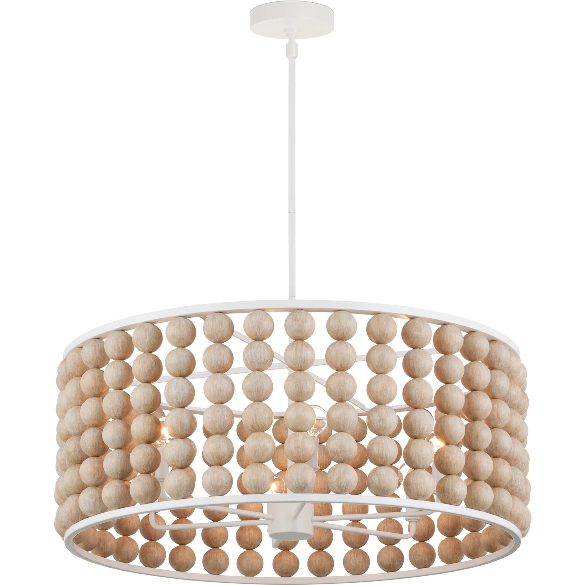 Holcroft Chandelier by Currey and Company in sandstone, sugar white. Made from wood beads, wrought iron in a modern style.