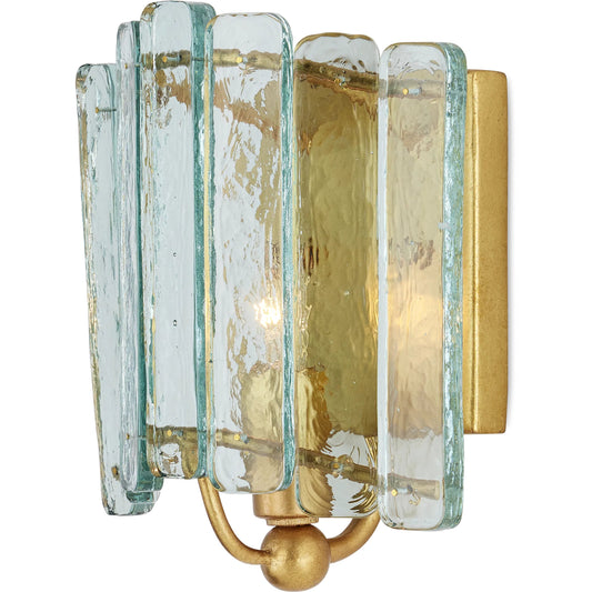 Duvernell Wall Sconce by Currey and Company in contemporary gold leaf, clear. Made from wrought iron, recycled glass in a unique style.