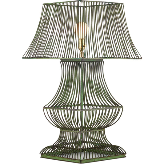Tuteurs Table Lamp by Currey and Company in distressed green. Made from metal in a rustic style.
