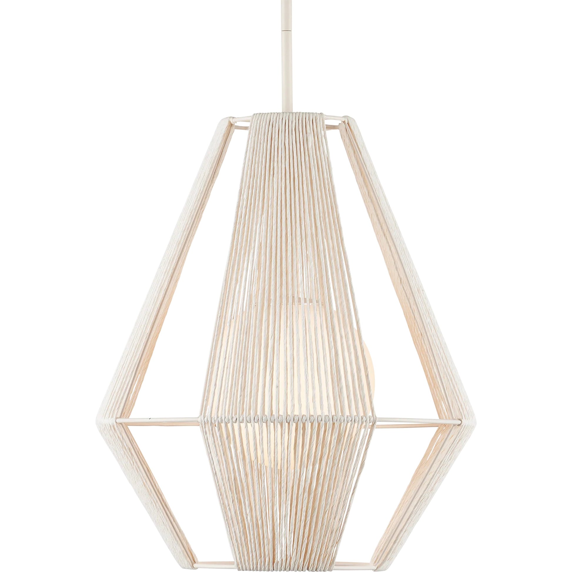 Fraxel Pendant by Currey and Company in white, frosted white, vanilla. Made from kraft paper twine, glass, wrought iron in a unique style.