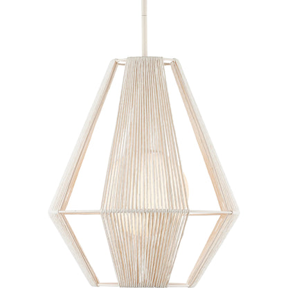 Fraxel Pendant by Currey and Company in white, frosted white, vanilla. Made from kraft paper twine, glass, wrought iron in a unique style.