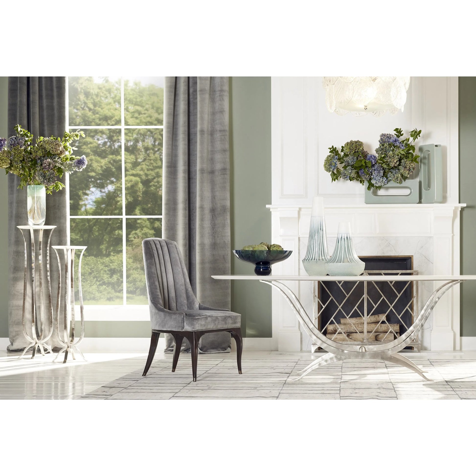 Channel Grey Tufted Dining Chair by Global Views in walnut, muslin and dark waxed oiled walnut. Made from unique in a traditional style.