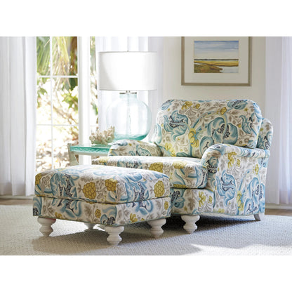 Gilmore Ottoman by Tommy Bahama Home in muiltcolor and white. Made from mahogany, fabric in a unique style.