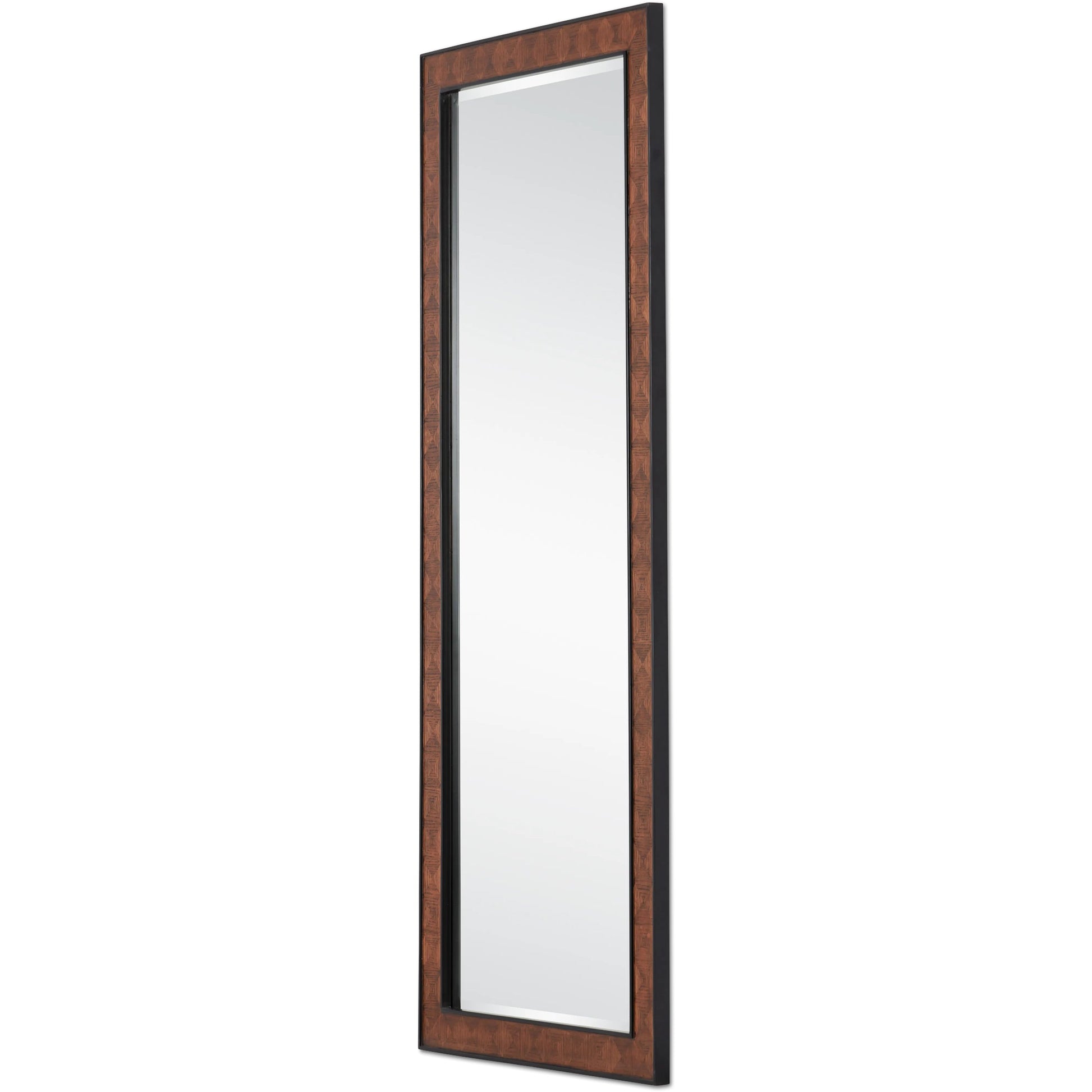 Dorian Floor Mirror by Currey and Company in kona, black. Made from oak veneer, mahogany, glass in a modern style.