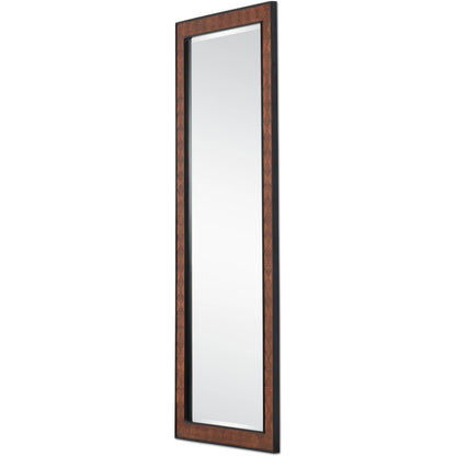 Dorian Floor Mirror by Currey and Company in kona, black. Made from oak veneer, mahogany, glass in a modern style.