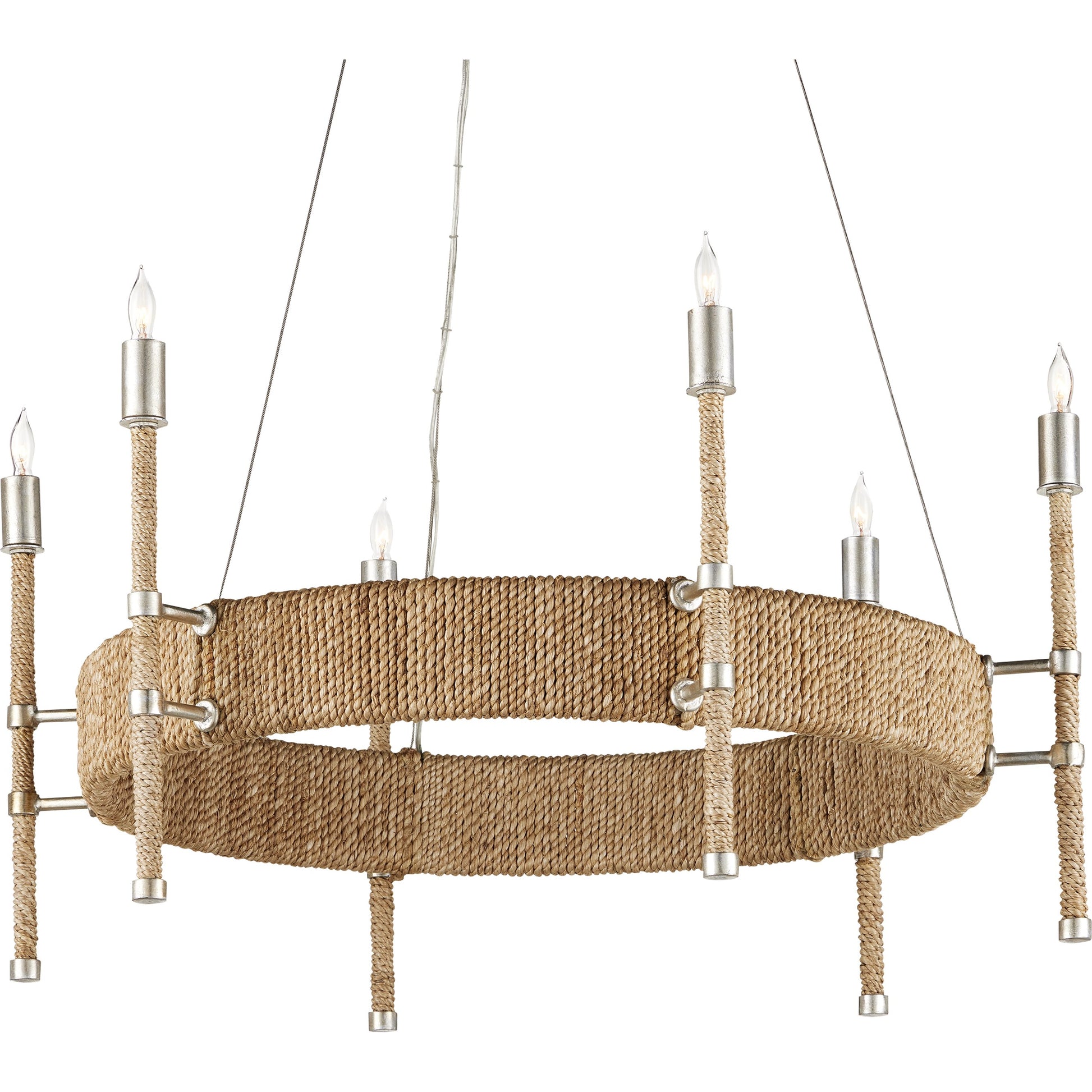 Monzie Chandelier by Currey and Company in contemporary silver leaf, natural. Made from wrought iron, abaca rope in a cottage & farmhouse style.
