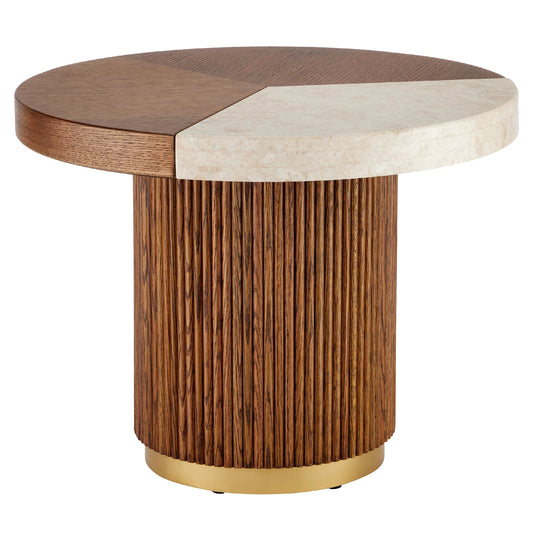 Dakota Cocktail Table by Currey and Company in morel brown, natural, polished brass. Made from oak, crema marfil marble, brass in a modern style.